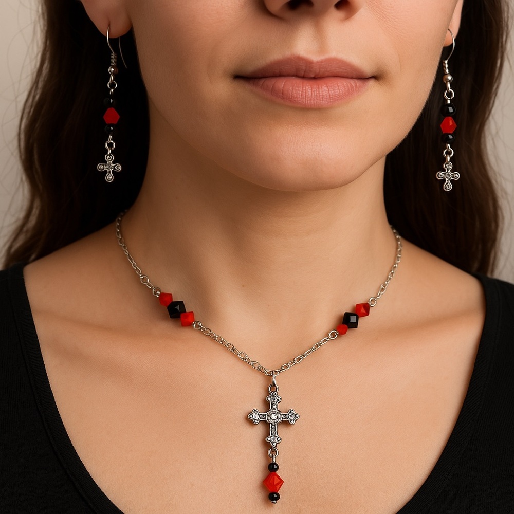 Necklace Earrings Set silvertone red black beads Cross link chain dangle earring